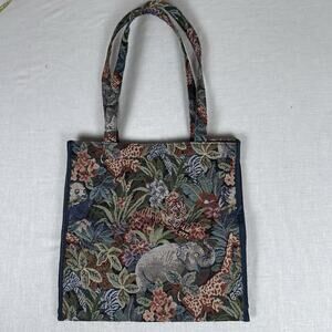 Tapestry jungle Rectangular lined tote zip closure 2 straps interior zip pocket